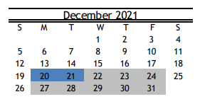 District School Academic Calendar for R D S P D for December 2021