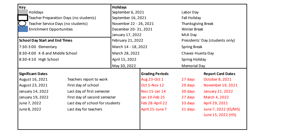 District School Academic Calendar Key for R D S P D
