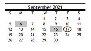 District School Academic Calendar for R D S P D for September 2021