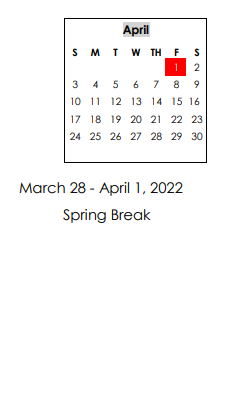 District School Academic Calendar for Wicksburg High School for April 2022