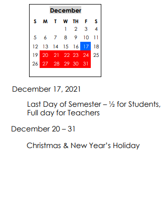 District School Academic Calendar for Miller Elementary School for December 2021