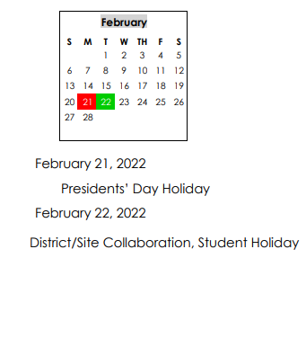 District School Academic Calendar for Wicksburg High School for February 2022