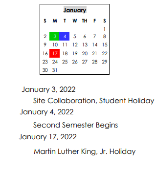 District School Academic Calendar for Perry Primary School for January 2022