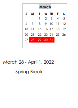 District School Academic Calendar for Wicksburg High School for March 2022