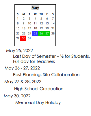 District School Academic Calendar for Mossy Creek Middle School for May 2022