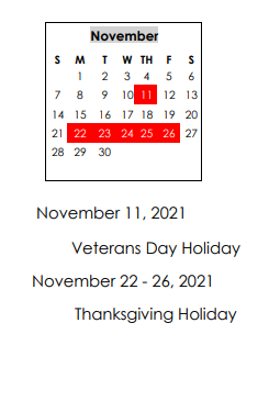 District School Academic Calendar for Miller Elementary School for November 2021