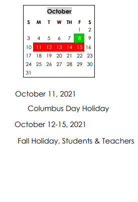 District School Academic Calendar for New Elem #8 for October 2021