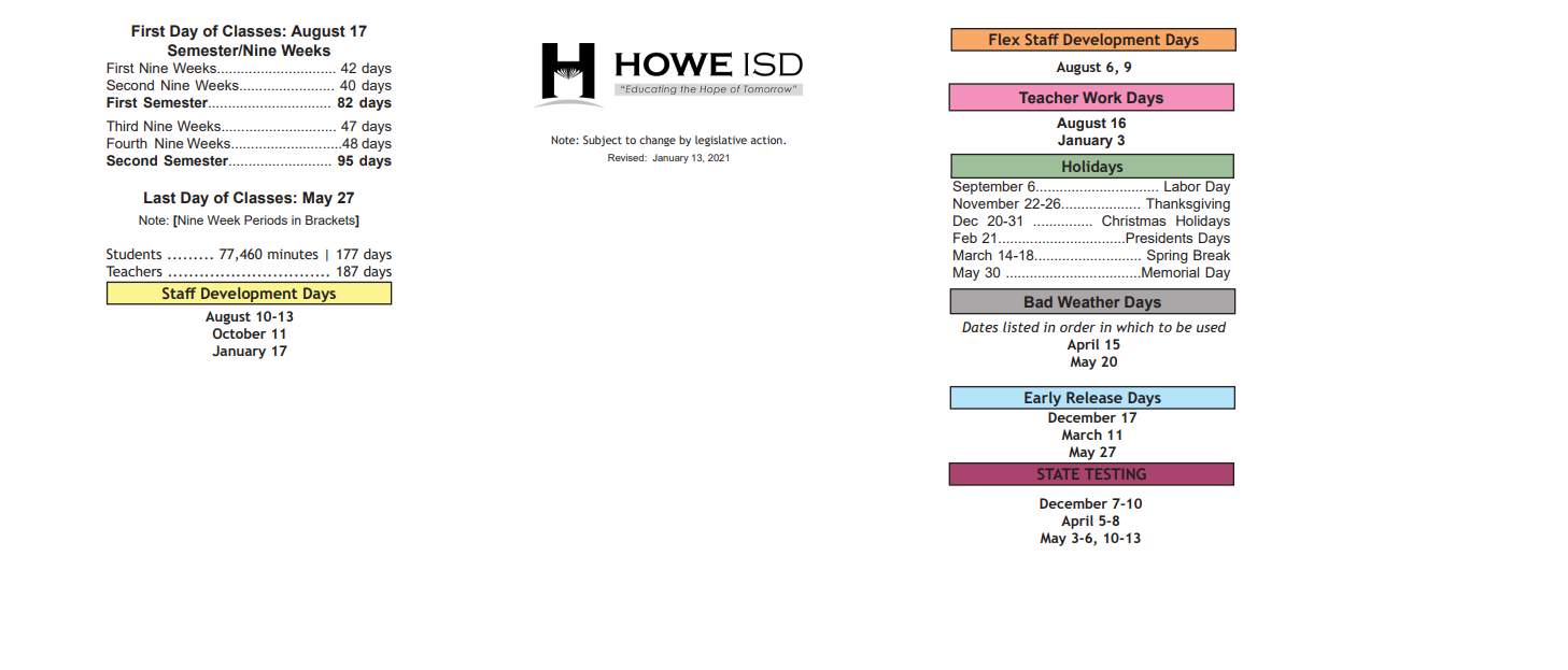 District School Academic Calendar Key for Howe Elementary