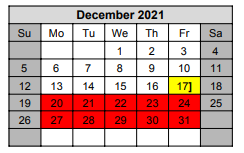 District School Academic Calendar for Excel Academy for December 2021