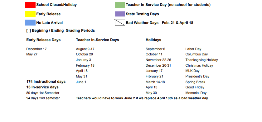 District School Academic Calendar Key for Excel Academy