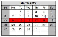 District School Academic Calendar for Excel Academy for March 2022