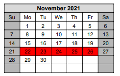 District School Academic Calendar for Excel Academy for November 2021