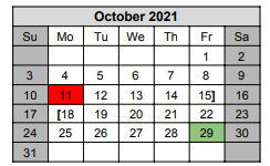 District School Academic Calendar for Excel Academy for October 2021