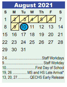 District School Academic Calendar for Creekwood Middle for August 2021