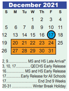 District School Academic Calendar for Timberwood Middle for December 2021