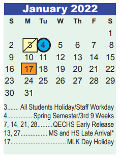 District School Academic Calendar for Early Learning Wing for January 2022