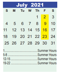 District School Academic Calendar for Early Learning Wing for July 2021
