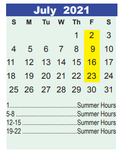 District School Academic Calendar for Shadow Forest Elementary for July 2021