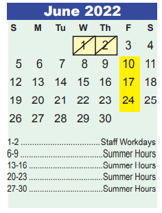 District School Academic Calendar for Timberwood Middle for June 2022