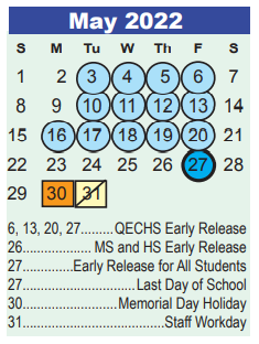 District School Academic Calendar for Timberwood Middle for May 2022