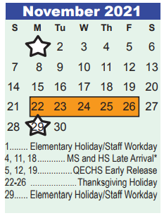 District School Academic Calendar for Early Learning Wing for November 2021