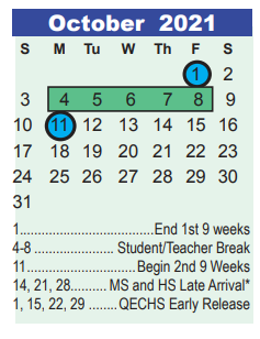 District School Academic Calendar for Humble Elementary for October 2021
