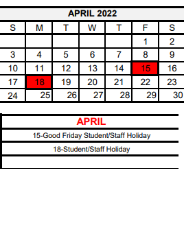 District School Academic Calendar for Pride Alter Sch for April 2022