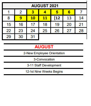 District School Academic Calendar for Pride Alter Sch for August 2021