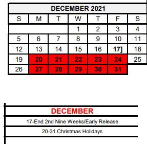 District School Academic Calendar for Pride Alter Sch for December 2021