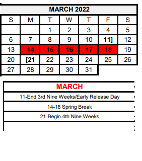 District School Academic Calendar for Pride Alter Sch for March 2022