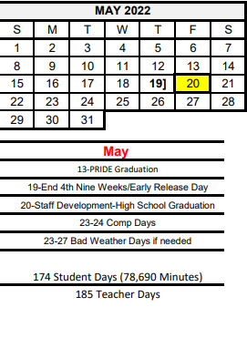 District School Academic Calendar for Pride Alter Sch for May 2022
