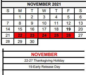 District School Academic Calendar for Pride Alter Sch for November 2021