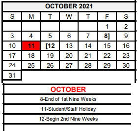 District School Academic Calendar for Pride Alter Sch for October 2021