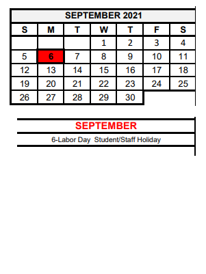 District School Academic Calendar for Pride Alter Sch for September 2021