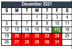 District School Academic Calendar for Central J H for December 2021