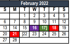 District School Academic Calendar for Transition Program for February 2022