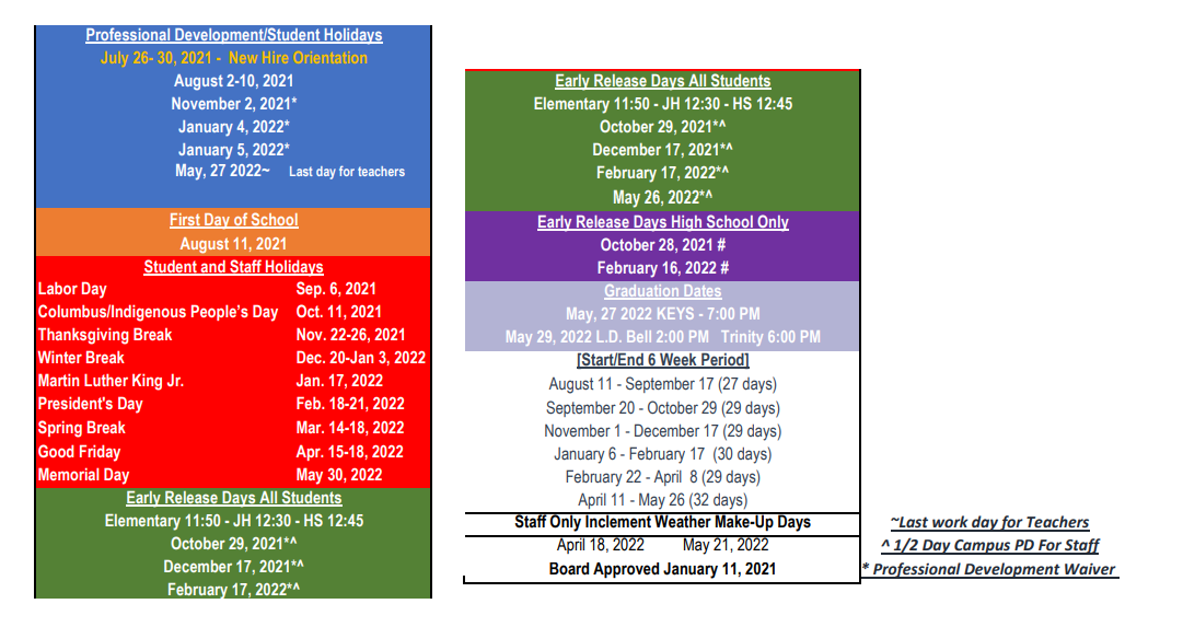 District School Academic Calendar Key for Hurst J H