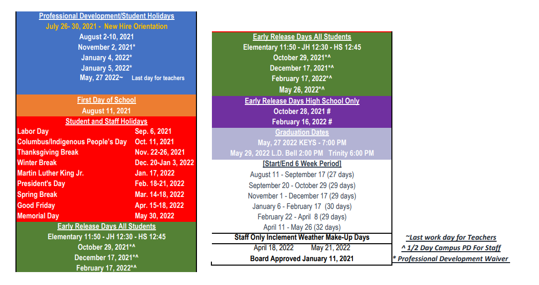 District School Academic Calendar Key for Transition Program