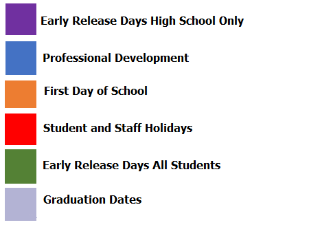 District School Academic Calendar Legend for Transition Program