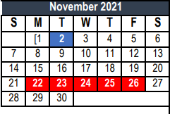 District School Academic Calendar for Transition Program for November 2021