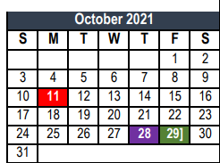 District School Academic Calendar for Euless J H for October 2021