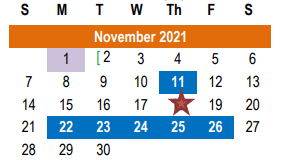 District School Academic Calendar for Williamson County Academy for November 2021