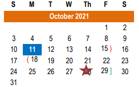 District School Academic Calendar for Williamson County Academy for October 2021