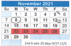 District School Academic Calendar for Leon Taylor Junior High for November 2021