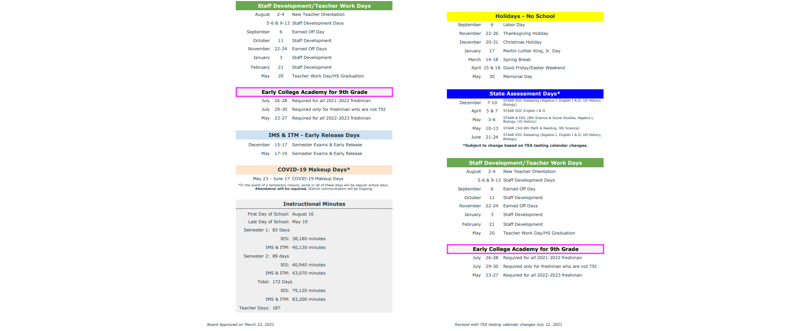 Ingram-tom Moore H S - School District Instructional Calendar - Ingram Isd - 2021-2022