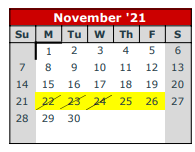 District School Academic Calendar for Ingram-tom Moore H S for November 2021