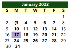 District School Academic Calendar for W F George Middle for January 2022