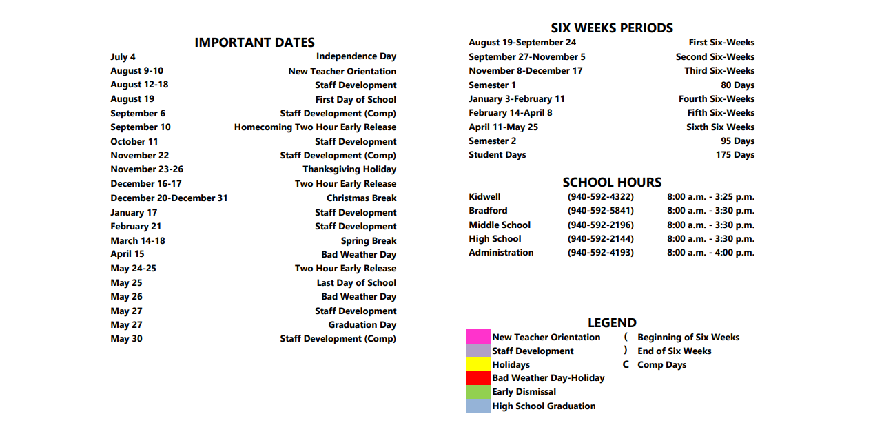 District School Academic Calendar Key for Bradford Elementary