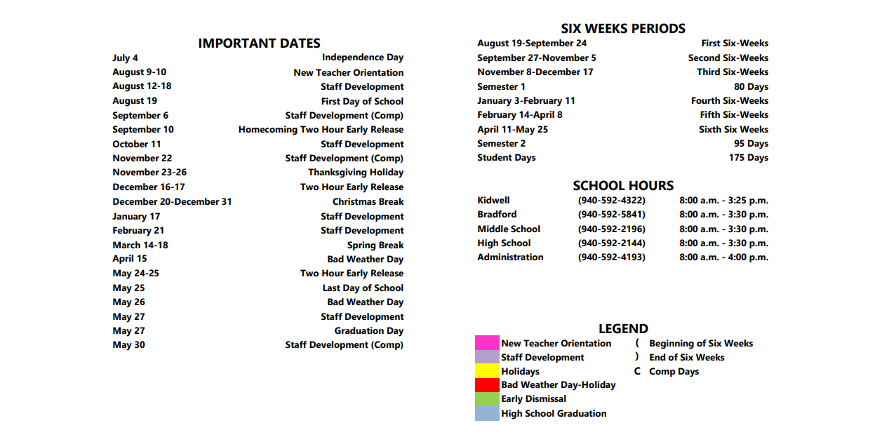 District School Academic Calendar Key for Iowa Park High School