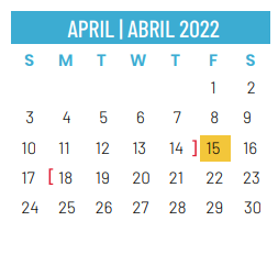 District School Academic Calendar for The Academy Of Irving Isd for April 2022